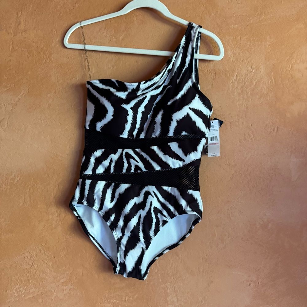 Carmen Marc Valvo Zebra One Shoulder Swimsuit NWT Size 10 Designer Resort Swim